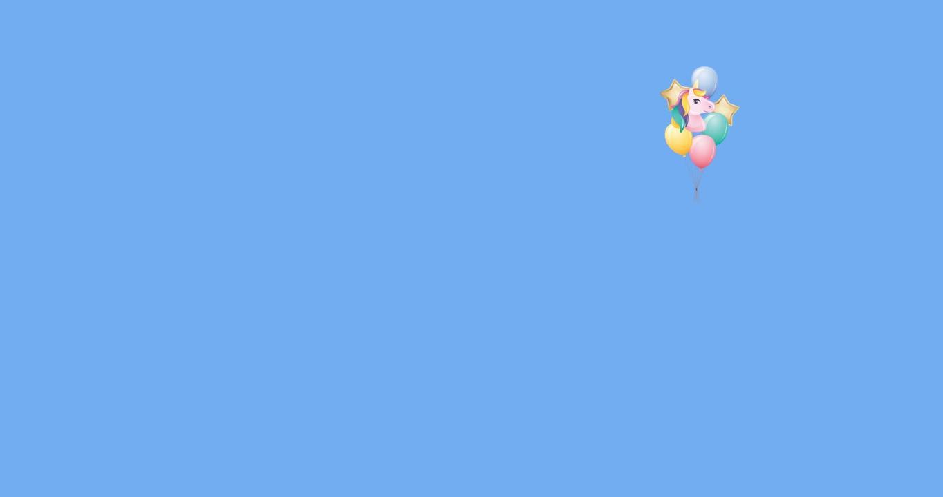 蓝色背景上漂浮的独角兽和彩色气球的动画