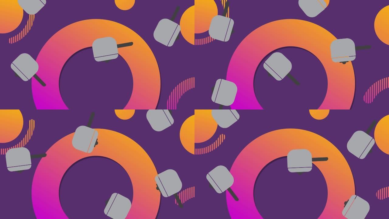 灰色平底锅落在紫色背景上的橙色和粉红色戒指和圆圈上的动画