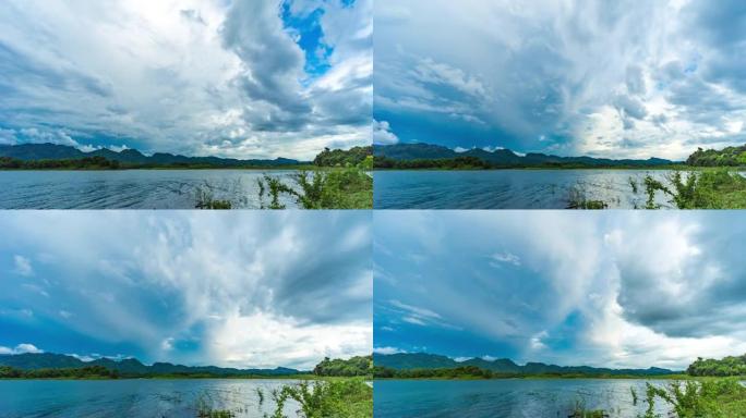 蓝天和云移动的湖泊的低角度视图，Timelaspe视频