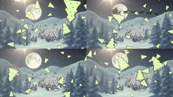 多个圣诞树图标和雪落在夜空中的月亮的冬季景观上