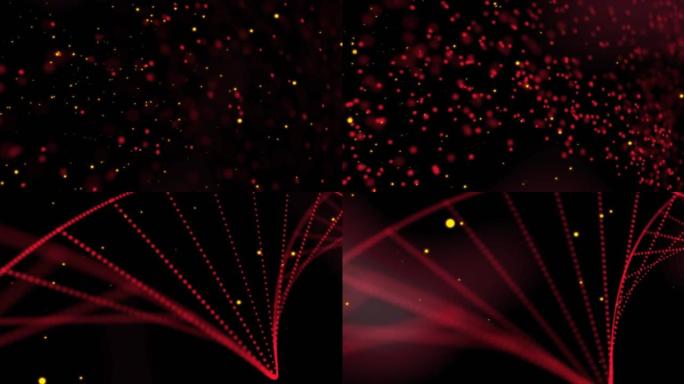 在黑色背景下形成dna结构的多个红色粒子的数字动画