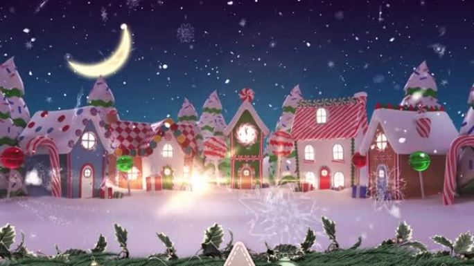 圣诞快乐的文字和雪落在夜空的冬季景观上的多个房屋上