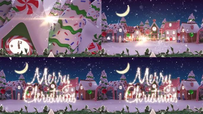 圣诞快乐的文字和雪落在夜空的冬季景观上的多个房屋上