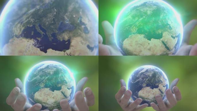 缩小手掌，将地球放在绿色背景上。生态、环保、全球关怀的象征。