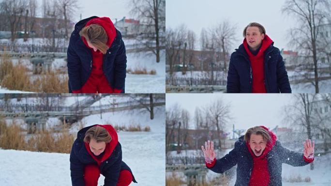 一个年轻快乐的女人在冬天的公园里玩得开心，扔雪，手里很冷，排放的东西不达标。