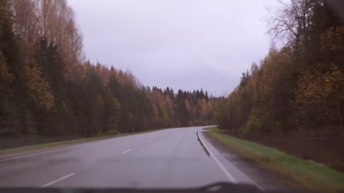 从汽车上走秋天的路。通过前窗观看。黄色茂密的森林。周游全国
