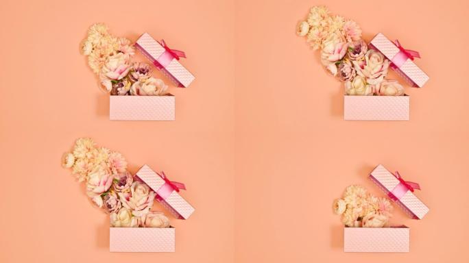 带丝带的粉彩粉色礼物出现在粉彩橙色主题上，鲜花从礼物中出来。停止运动