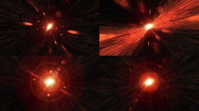抽象Vj环路空间中心耀斑光在黑暗中爆发红黄魔法耀斑能量光效应隧道。4K 3D无缝循环飞入神奇之光隧道