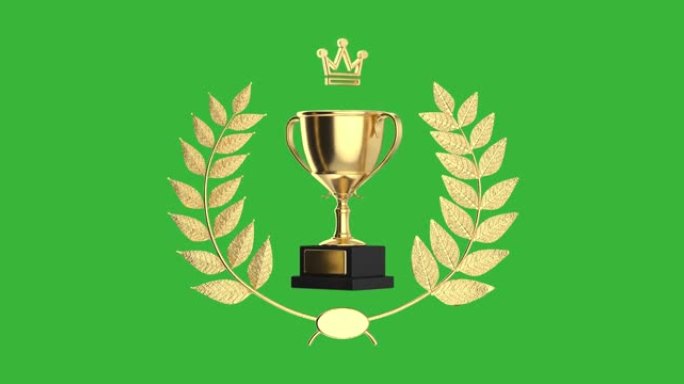 4k分辨率视频: 金奖奖杯杯与获奖者奖金桂冠花环在绿屏色度键上旋转动画