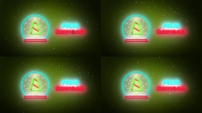 西班牙语霓虹灯圣诞季节的动画和绿色背景上的装饰