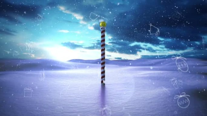 圣诞概念图标和雪落在北极的冬季景观上，蓝天