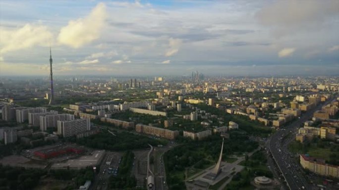 俄罗斯日落天空莫斯科著名城市景观奥斯坦金诺塔空中全景4k