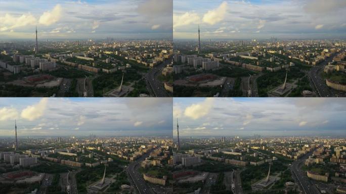 俄罗斯日落天空莫斯科著名城市景观奥斯坦金诺塔空中全景4k