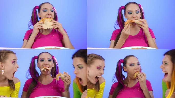 一个肥胖，暴饮暴食的女人吃光了剩下的意大利辣香肠比萨饼