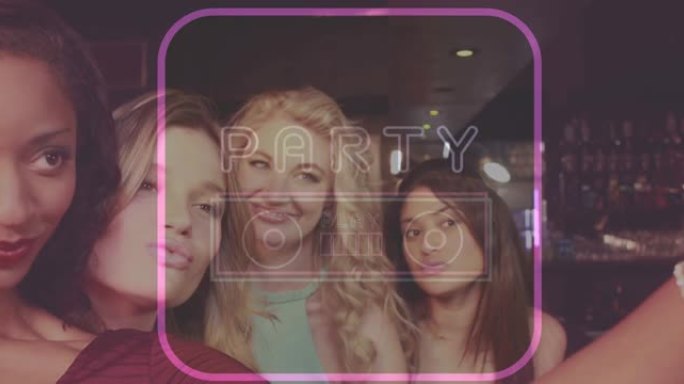 霓虹灯派对文本的动画在粉红色框架上微笑的女性朋友在酒吧敬酒