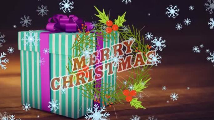 花圈上的圣诞快乐文字动画，降雪和礼物