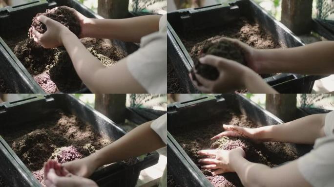 女人的手搅拌肥料并揉捏碎片。