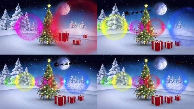 悬挂在圣诞树上的彩色小摆设和冬季景观上的礼物