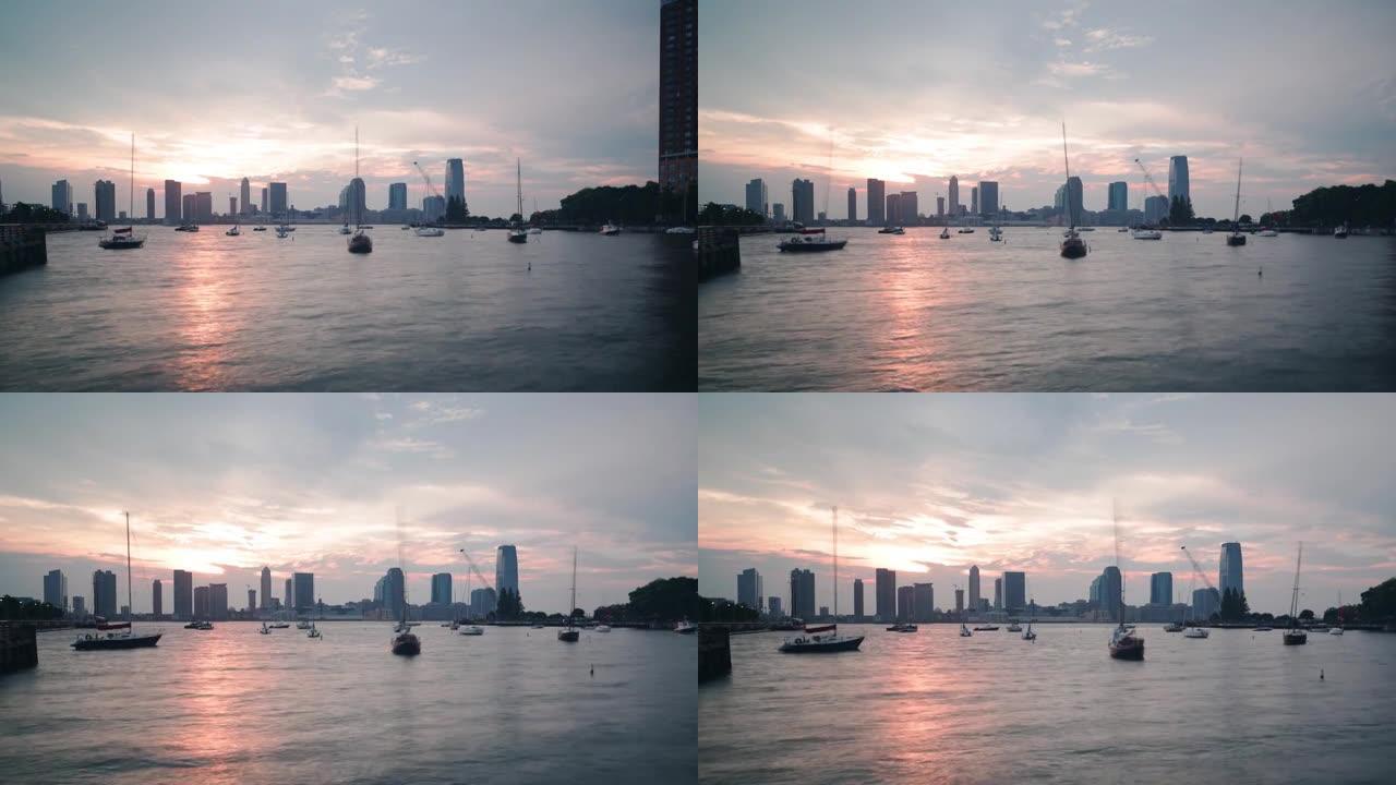 曼哈顿码头4k延时拍摄的新泽西日落景色