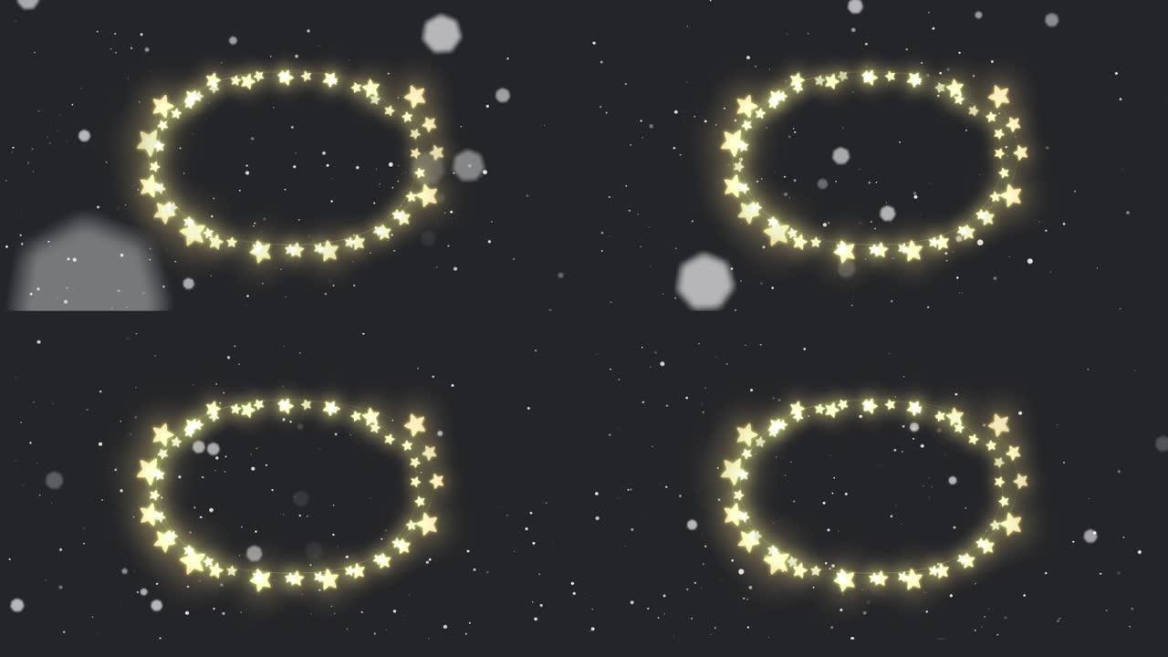 黑色上飘落的雪上的发光星星圣诞仙女的框架动画