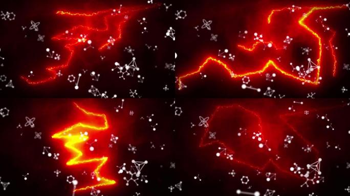 黑色背景上白色分子结构上发光的红色电流的动画