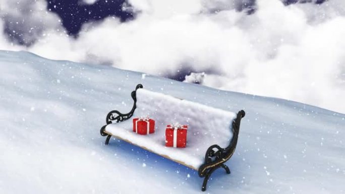 雪落在长凳上的动画，上面有两个红色的圣诞节礼物