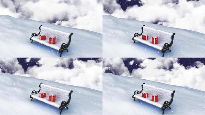 雪落在长凳上的动画，上面有两个红色的圣诞节礼物