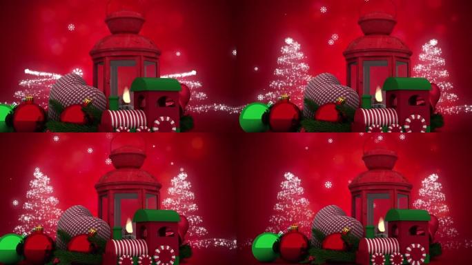 圣诞装饰品的动画，小玩意和灯笼落在红色背景上的雪上