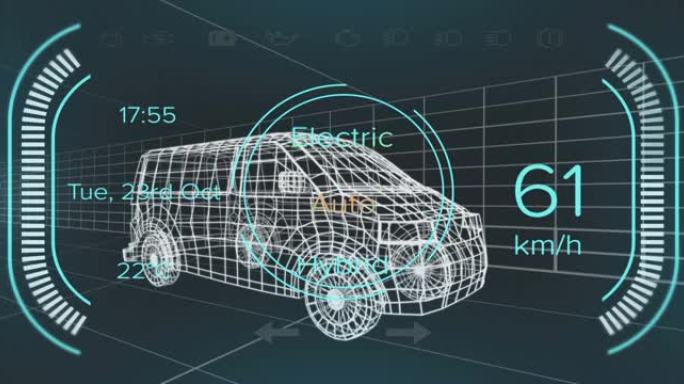 混合厢式货车接口上的速度计，gps和充电状态数据的动画，通过3d厢式货车模型