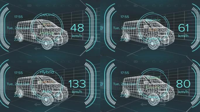 混合厢式货车接口上的速度计，gps和充电状态数据的动画，通过3d厢式货车模型