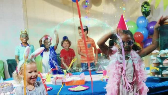 生日派对上戴着派对帽的多样化儿童的数字大脑动画