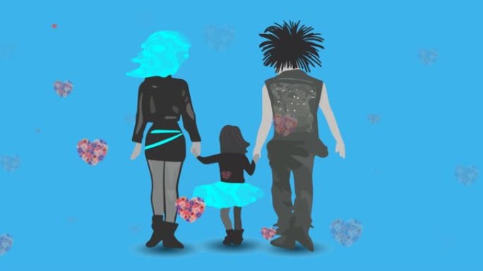 朋克父母与女儿牵手的插图动画，蓝色的花心