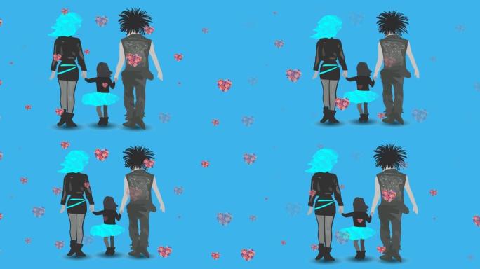 朋克父母与女儿牵手的插图动画，蓝色的花心