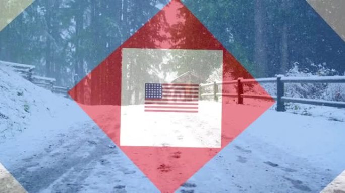 动画的美国国旗和红，白，蓝方块在冬天的森林