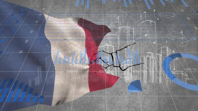 法国国旗上的图形和数据处理动画，以及建筑计划和握手