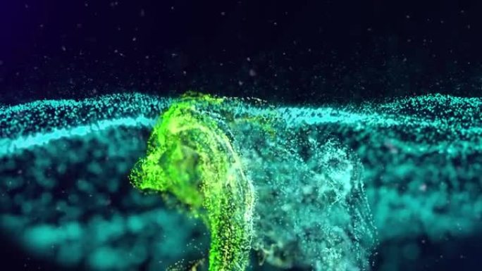 绿色和蓝色粒子在黑色背景上移动的发光点景观上的动画