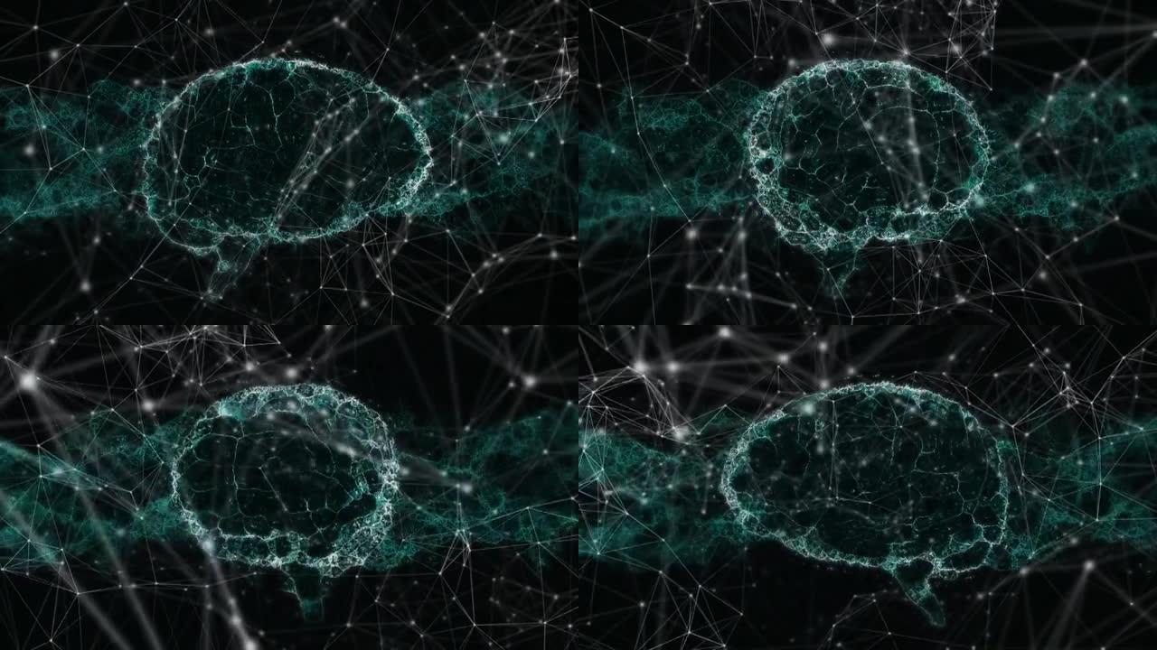 黑色背景上的网络连接和数字大脑动画