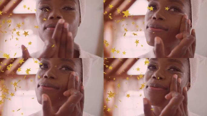 金色星星的动画漂浮在快乐的非洲裔美国妇女清洁浴室的脸