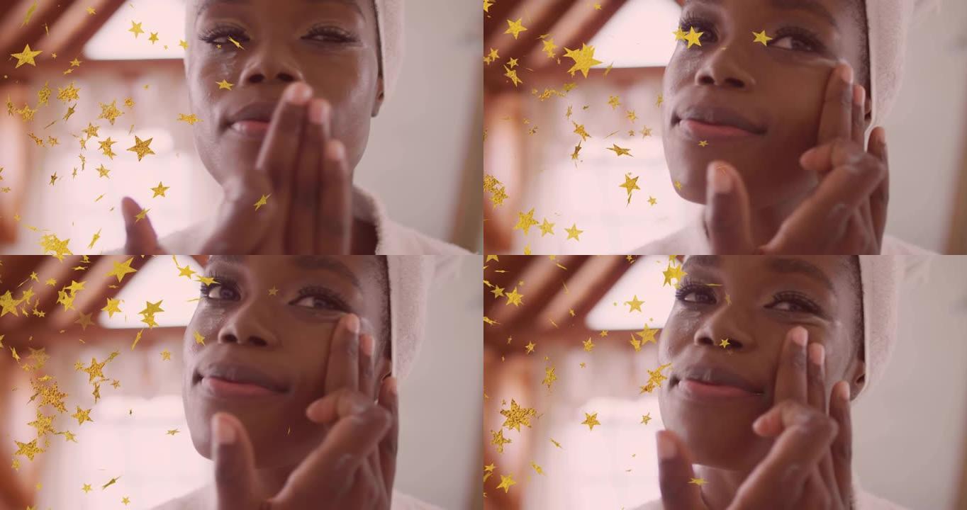 金色星星的动画漂浮在快乐的非洲裔美国妇女清洁浴室的脸