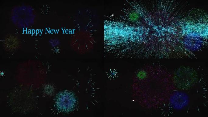 蓝色新年快乐文字动画，五颜六色的新年烟花在夜空中爆炸