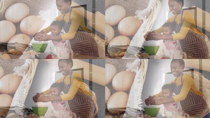 快乐的非洲裔美国母亲和女儿在鸡蛋和篮子上做饭的动画