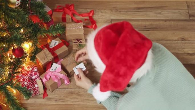 写圣诞贺卡礼物枞树下的女性红帽子礼物