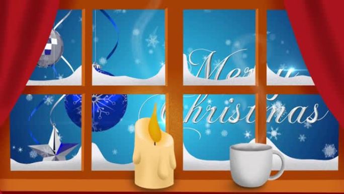 在圣诞快乐的文字和装饰品上的窗框上燃烧蜡烛和咖啡杯