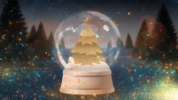 冬天的风景中，两颗流星在雪花玻璃球中围绕着圣诞树旋转