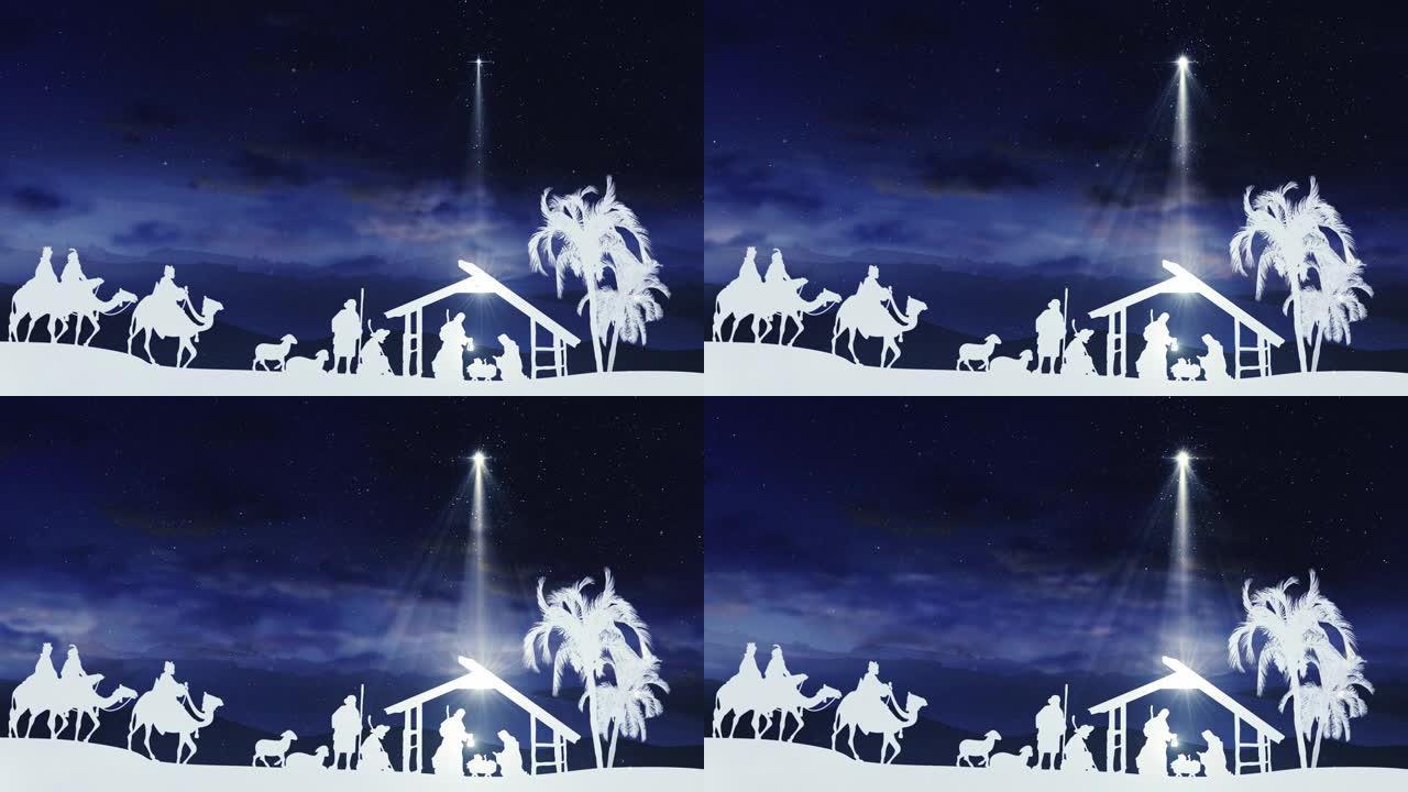 蓝天上的真实动物和树木的圣诞诞生场景动画