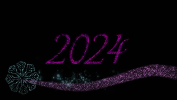 动画2024年文本粉红色与粉红色和蓝色新年烟花在夜空