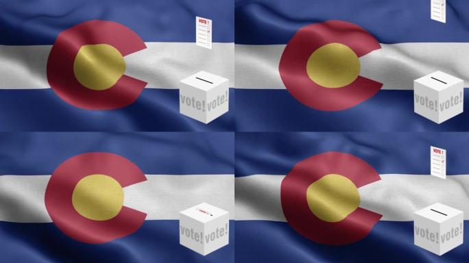 科罗拉多州-选票飞到盒子科罗拉多选择-票箱在国旗前-选举-投票-国旗科罗拉多州波图案循环元素-织物纹