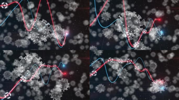 covid 19细胞上带有红色和蓝色线条的统计动画
