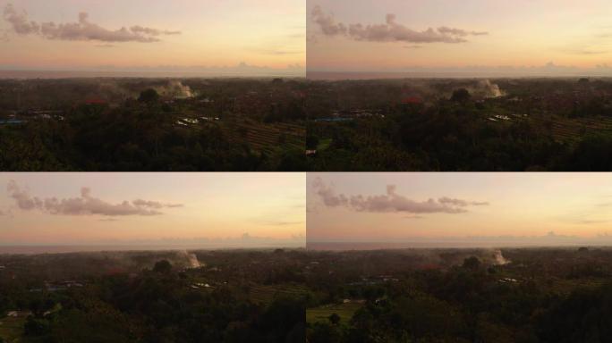 日落时间巴厘岛著名米台村生活空中全景4k印度尼西亚