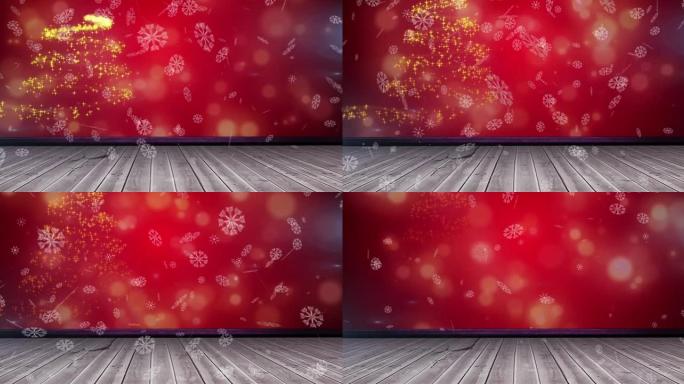 雪花落在红色背景上形成圣诞树的发光斑点上的动画